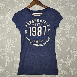 Aeropostale T-Shirt‎ Junior Medium Blue Campfire Marshmallow Roast Graphic Tee